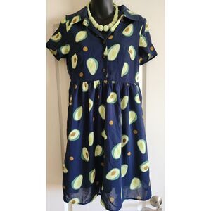 SM Wardrobe CUTE Navy Blue Short Sleeve Avocado Print Dress Tie Belt Retro Sz S